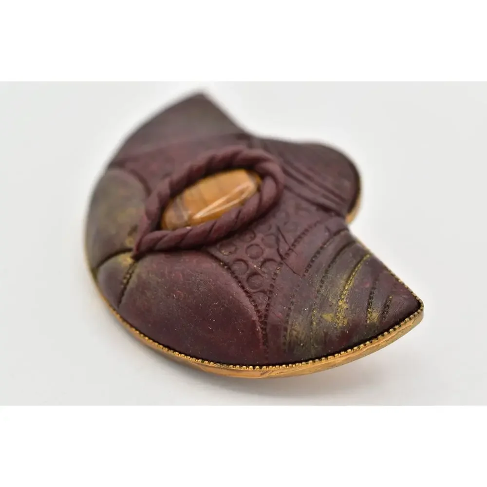 Vintage Tiger's Eye Cabochon Pin Brooch Brutalist Gold Tone Chunky 1970s 9B